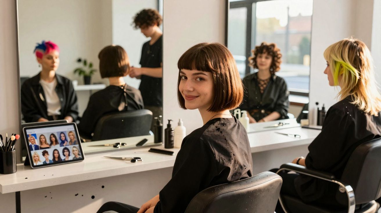 Mulher com cabelo curto sorrindo sentada em salão de beleza, outras pessoas no fundo e tablet com estilos de cabelo.