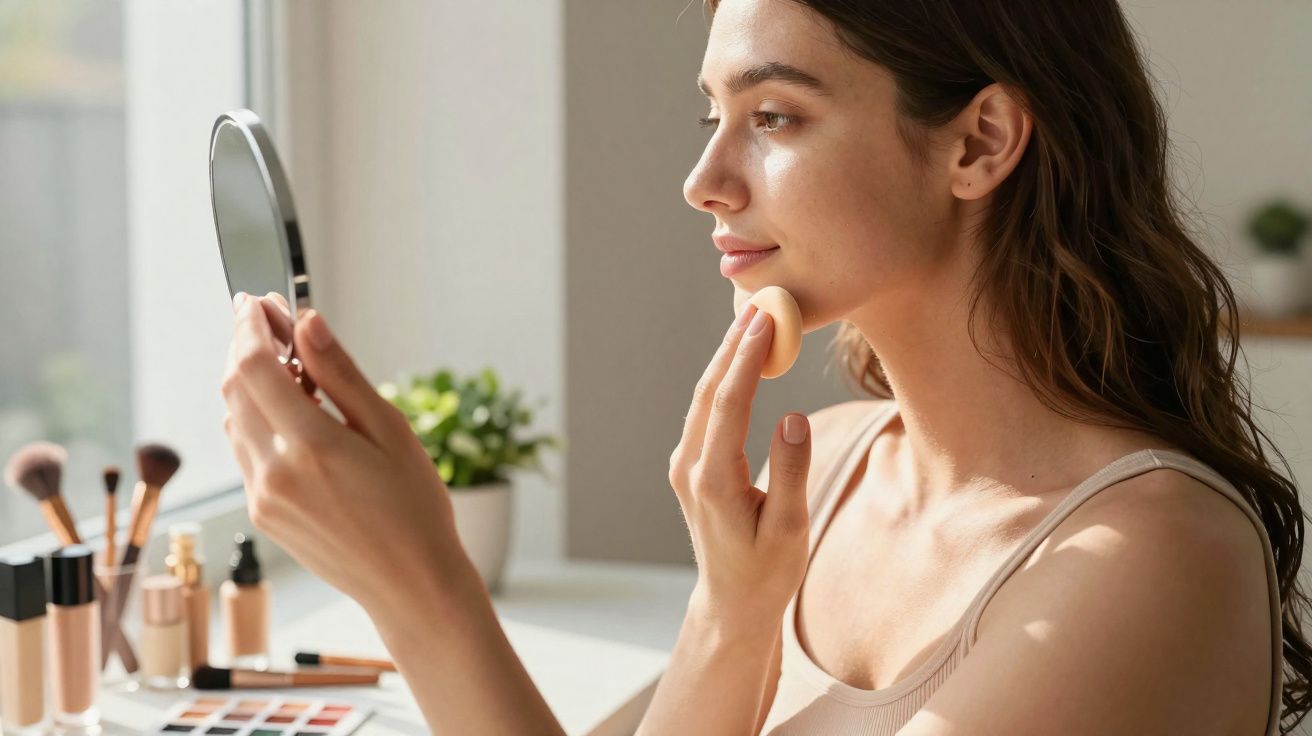 Mulher aplicando maquiagem no rosto com esponja enquanto se olha em espelho de mão.