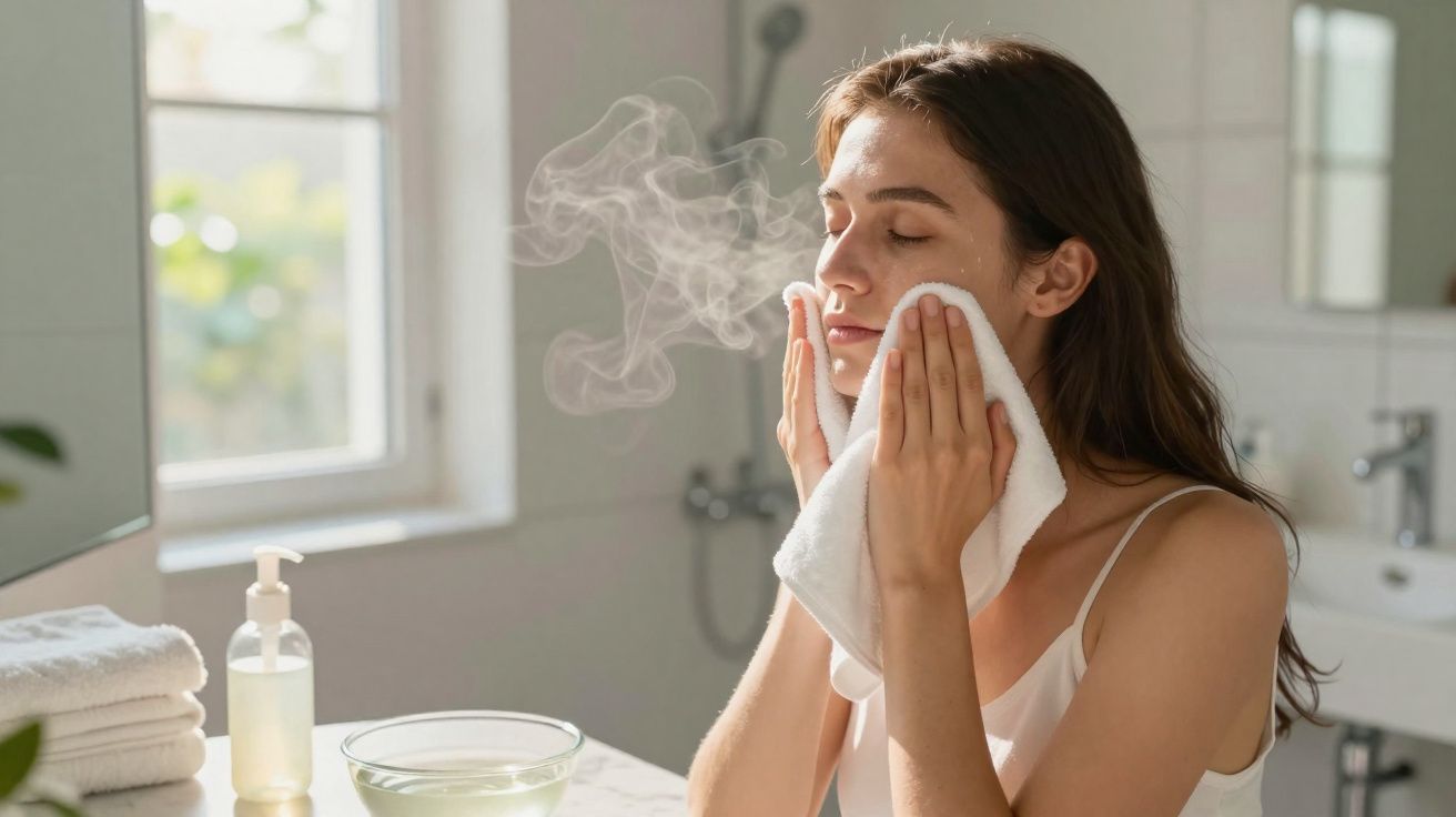 Mulher aplicando toalha quente no rosto, em ambiente claro de banheiro com toalhas e sabonete líquido.