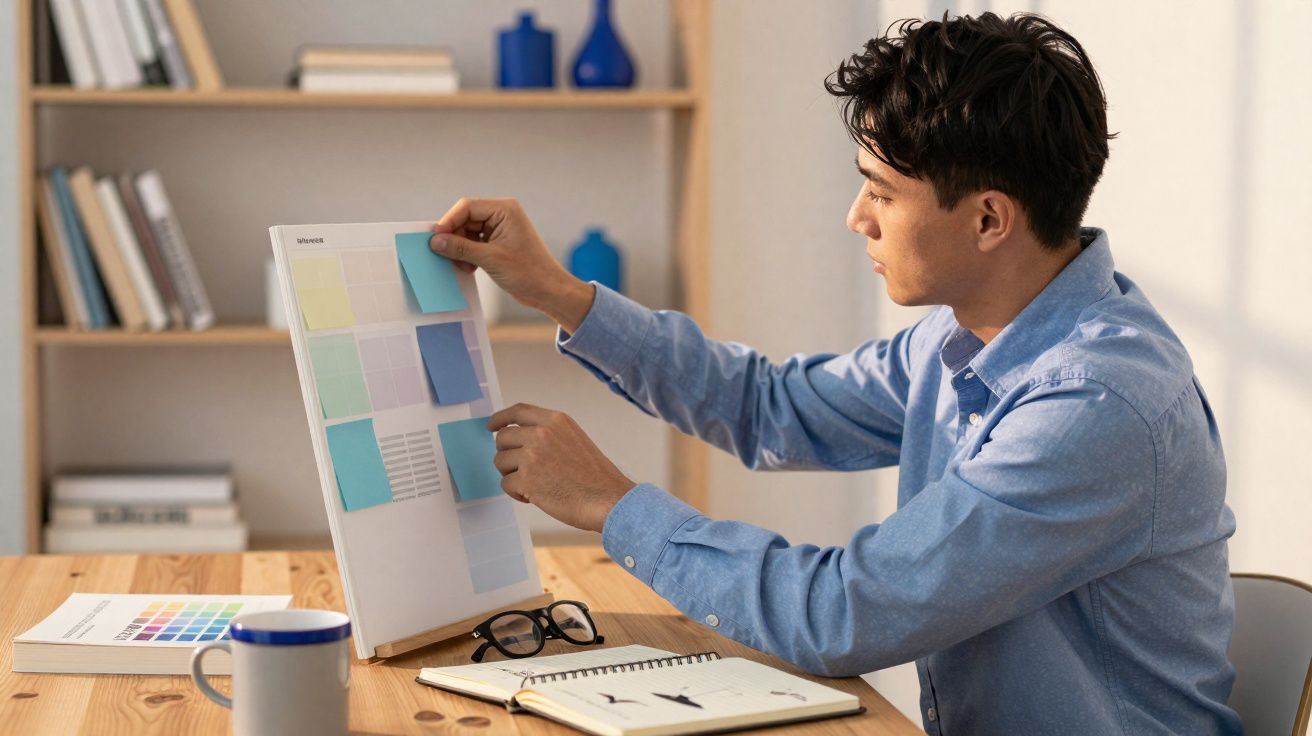 Homem organizando post-its coloridos em quadro branco em ambiente de escritório com mesa de madeira.