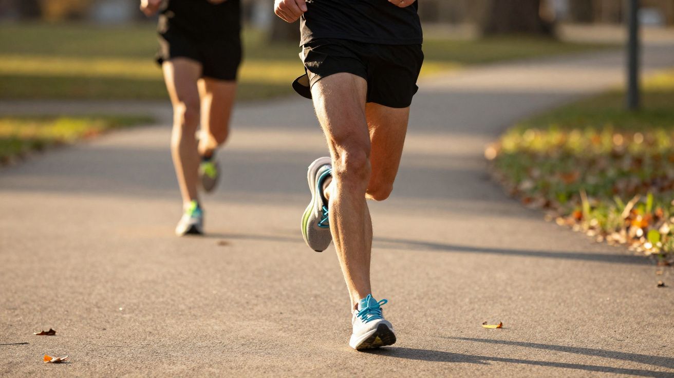 Pessoas correndo em um parque em dia ensolarado, foco nas pernas e tênis de corrida.