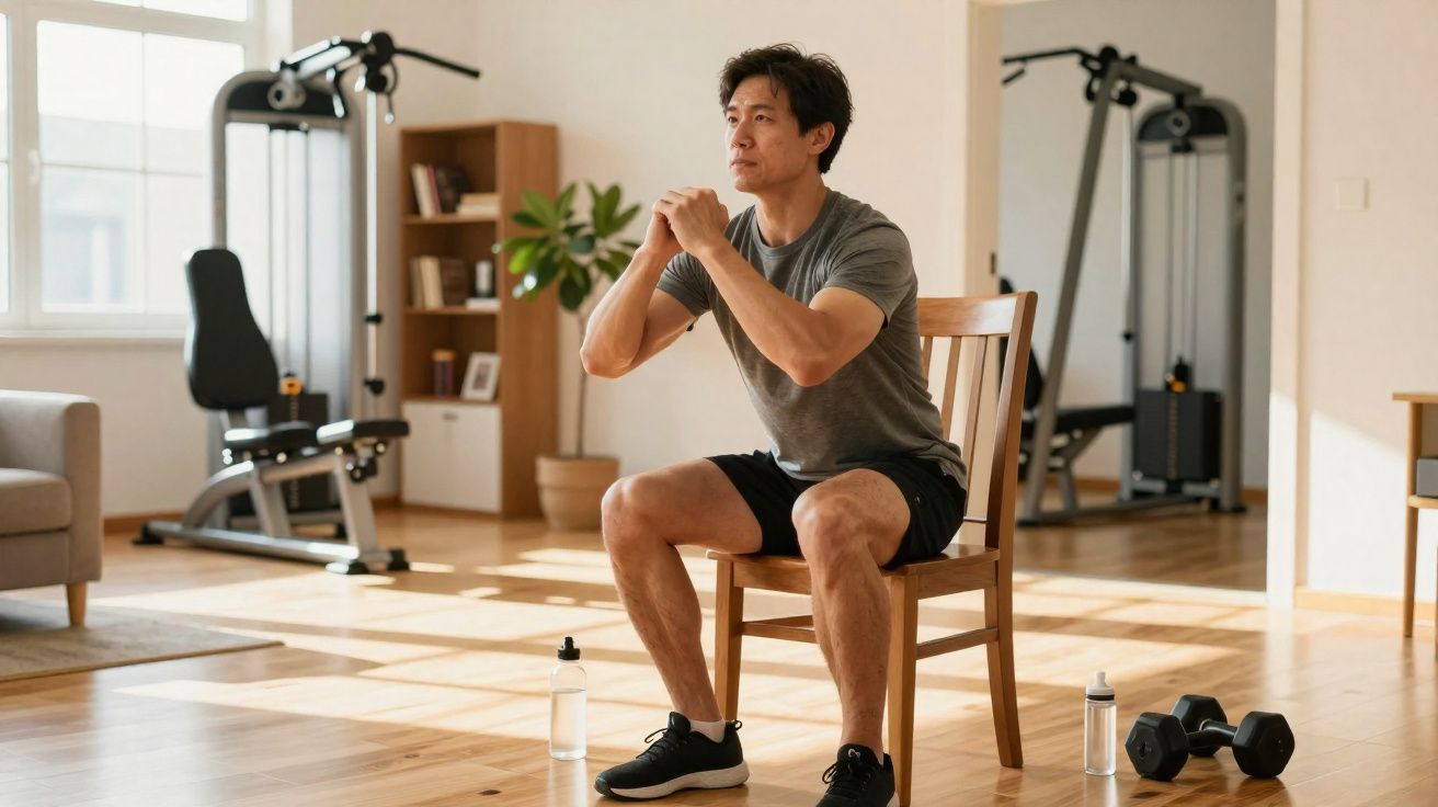 Homem fazendo agachamento sentado em cadeira em sala com equipamentos de ginástica.