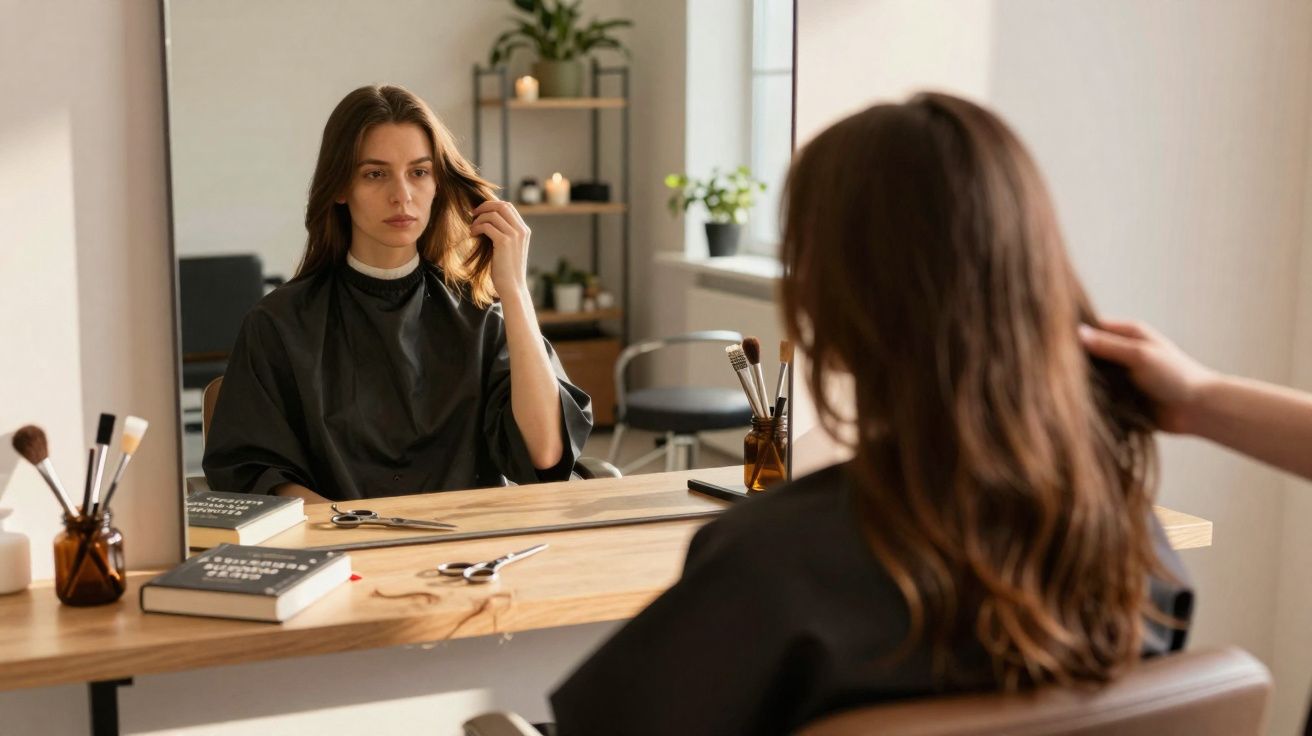 Mulher sentada em salão de beleza olhando seu cabelo no espelho, com livros e pincéis sobre a mesa.