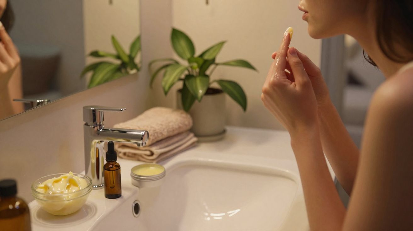 Mulher aplicando creme no rosto em banheiro com pia, toalhas e planta ao fundo.