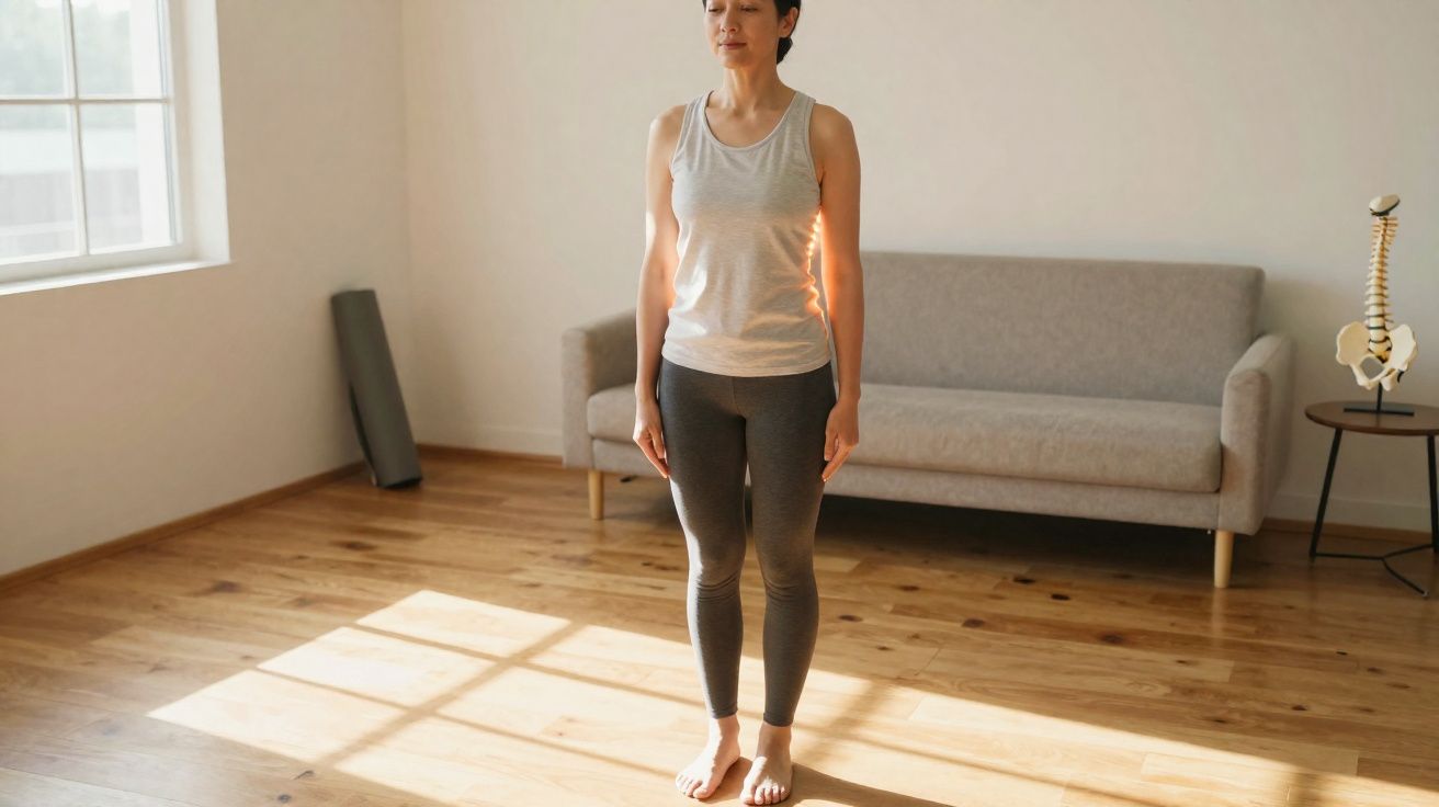 Mulher em pé, olhos fechados, praticando meditação em sala iluminada pelo sol com sofá ao fundo.
