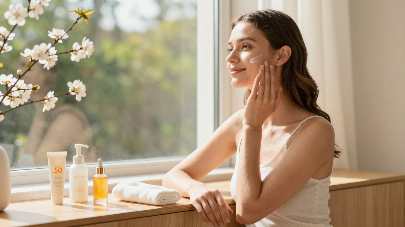 Mulher aplicando creme no rosto ao lado de produtos de skincare perto da janela com luz natural.