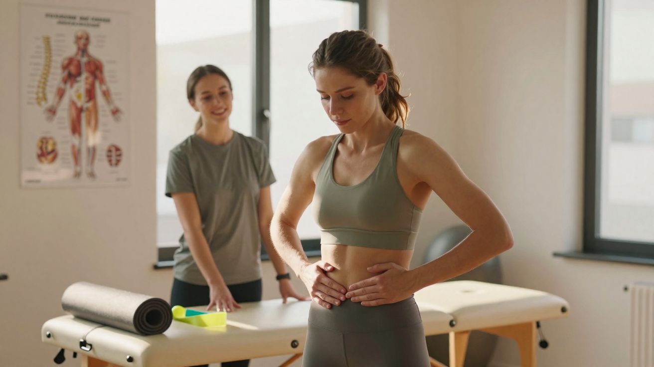 Mulher em roupa de ginástica tocando o abdômen, com outra mulher observando em sala de fisioterapia.