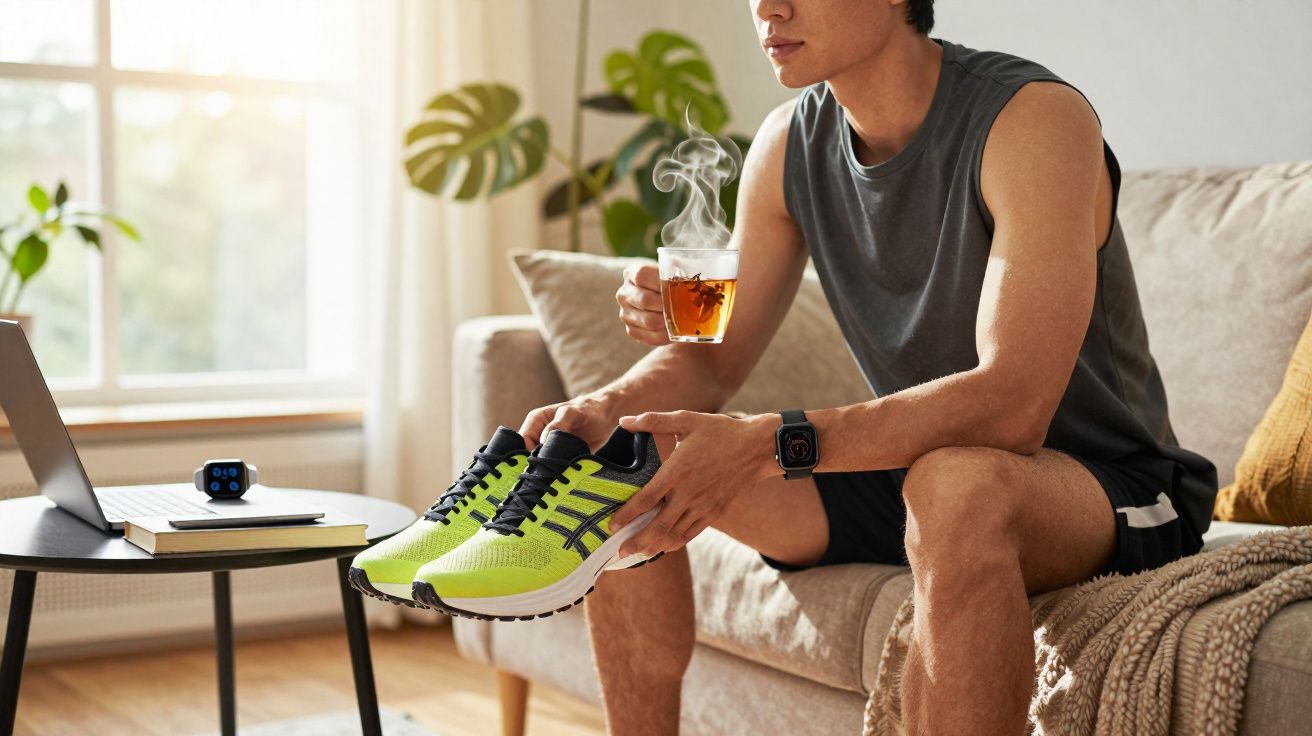 Homem sentado no sofá segurando tênis esportivo verde e uma xícara de chá quente.