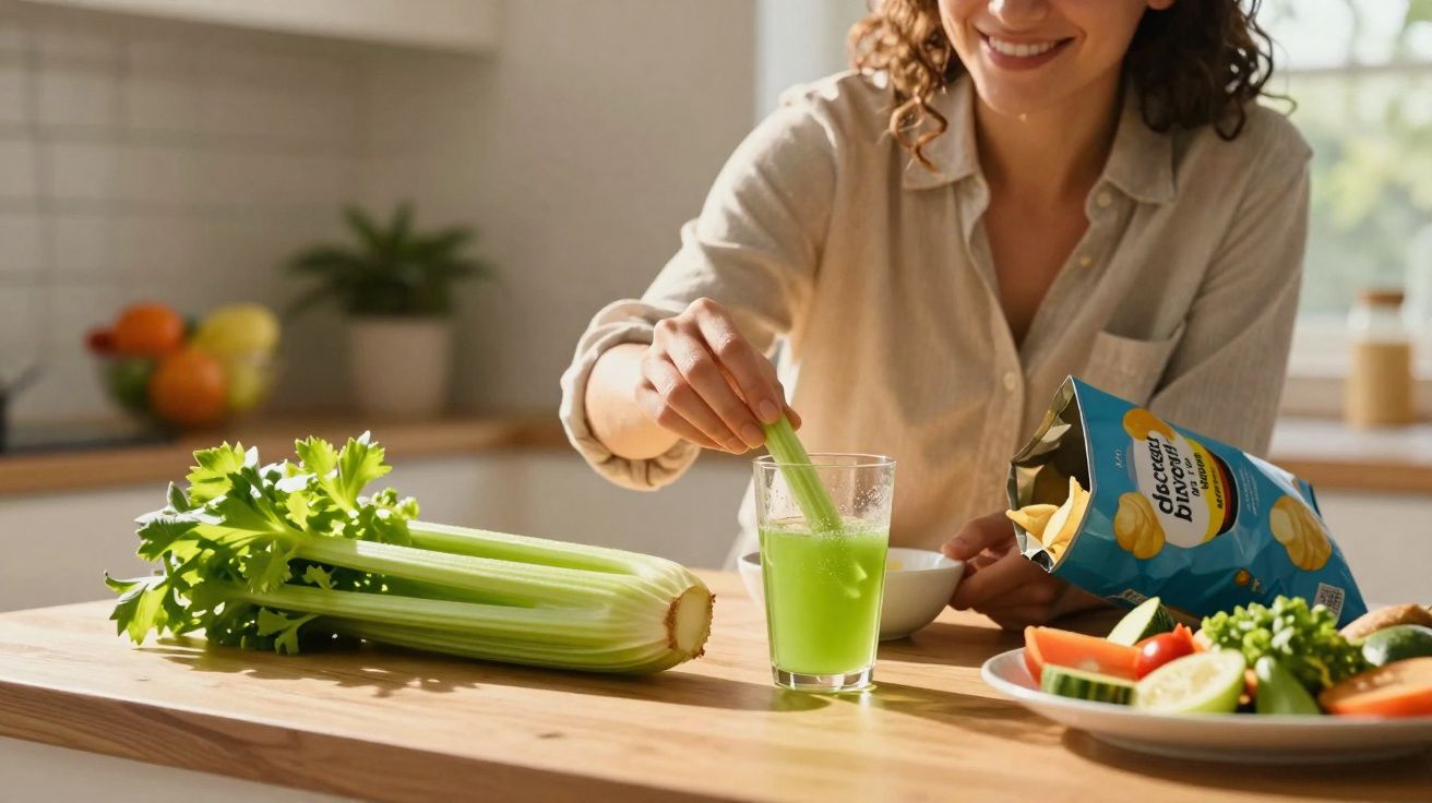 Mulher feliz segurando um talo de salsão em copo com suco verde na cozinha iluminada.