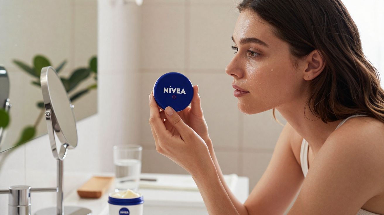 Mulher aplica creme facial Nivea perto do espelho em banheiro iluminado.