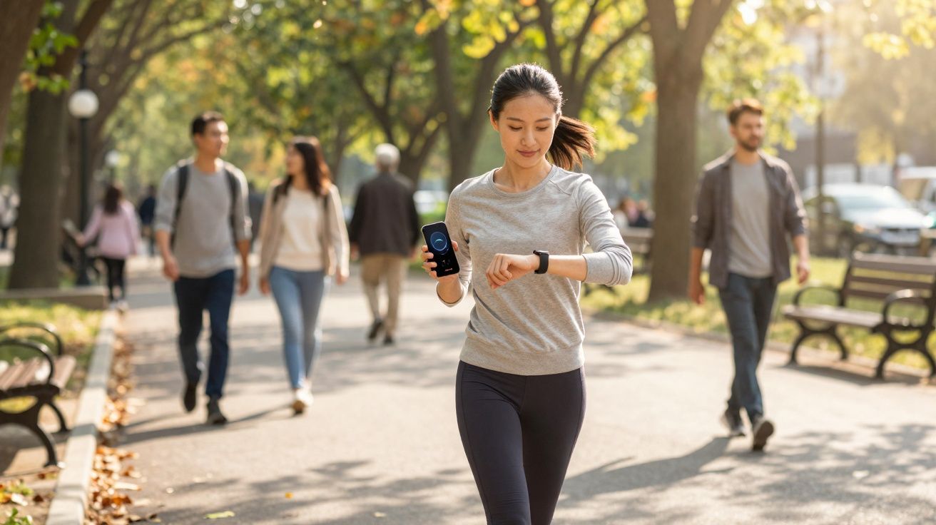Mulher vestindo roupa esportiva verificando relógio inteligente durante caminhada em parque urbano.