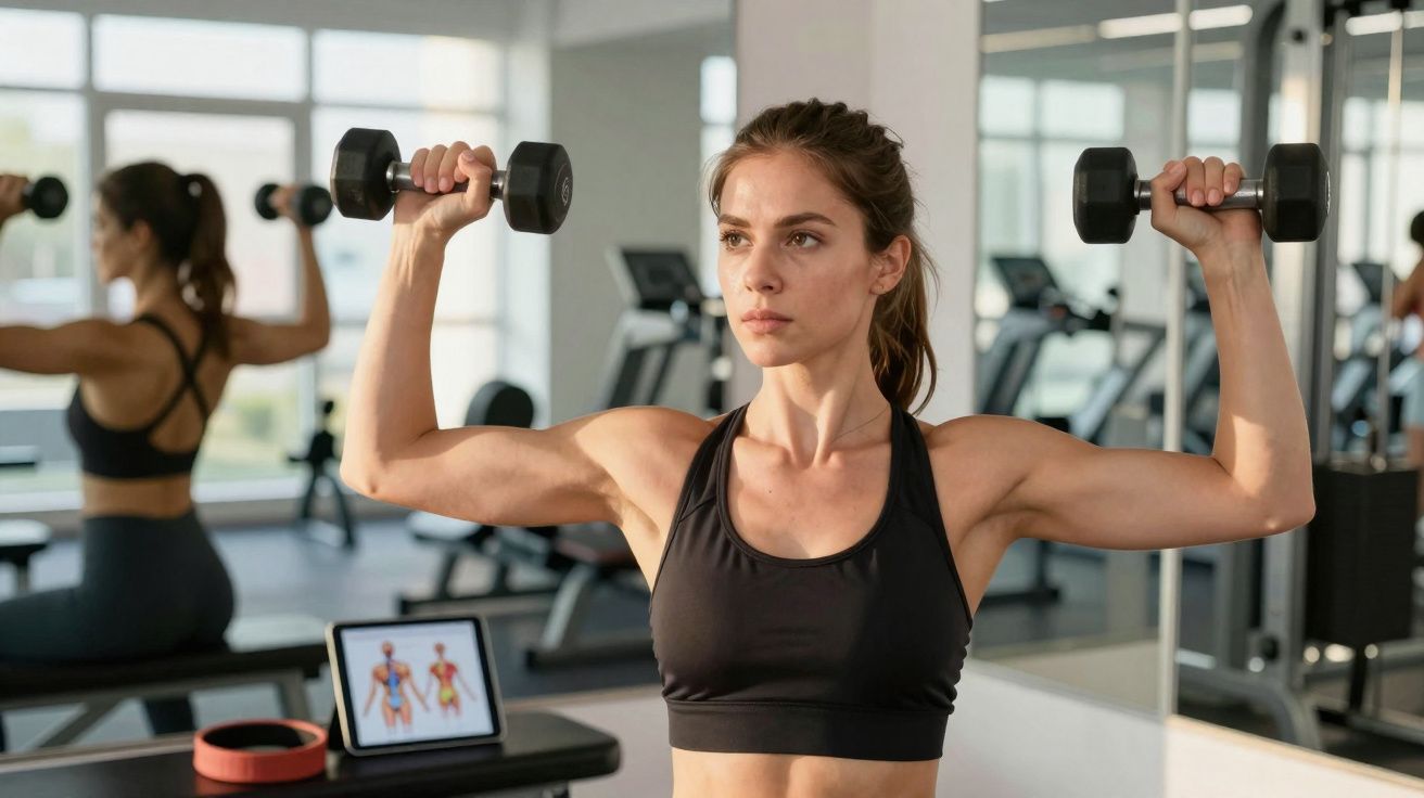Mulher treinando ombros com halteres em academia espelhada, foco e concentração no exercício.