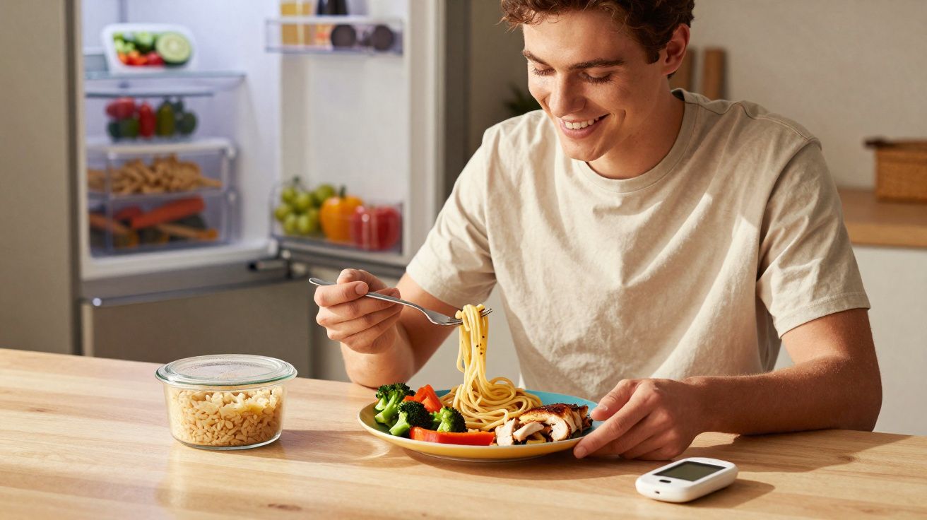 Jovem sorridente sentado à mesa, comendo macarrão e legumes, com geladeira e medidor de glicemia ao fundo.