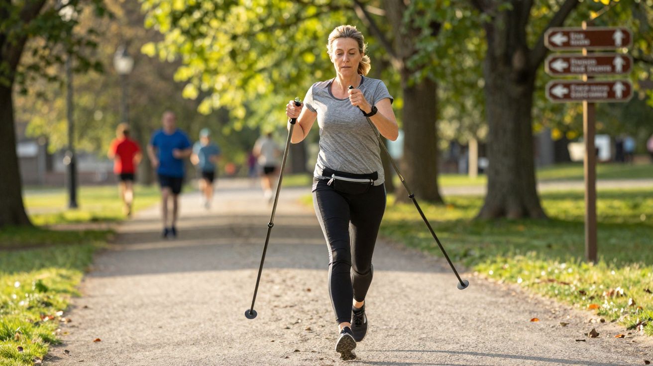 Mulher praticando caminhada com bastões em parque ensolarado, com outras pessoas ao fundo.