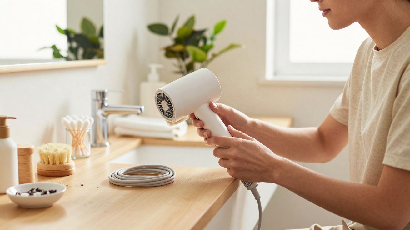 Pessoa segurando um secador de cabelo branco em bancada de banheiro com itens de higiene ao redor.