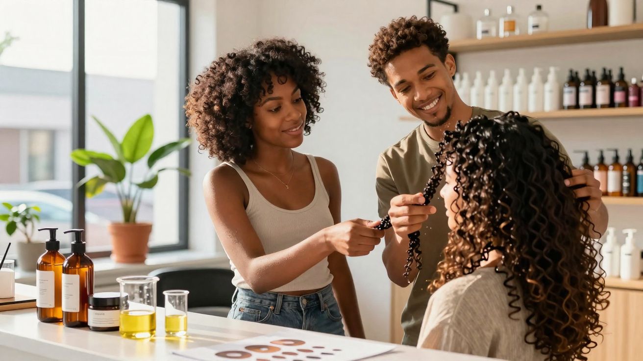 Dois profissionais examinando o cabelo cacheado de uma cliente em salão de beleza moderno.