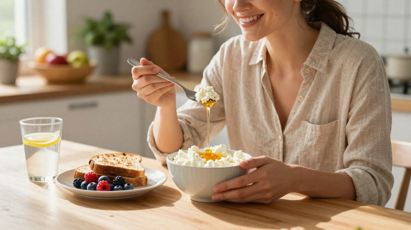 Mulher sorrindo comendo mingau de aveia com mel e frutas em mesa de cozinha iluminada.