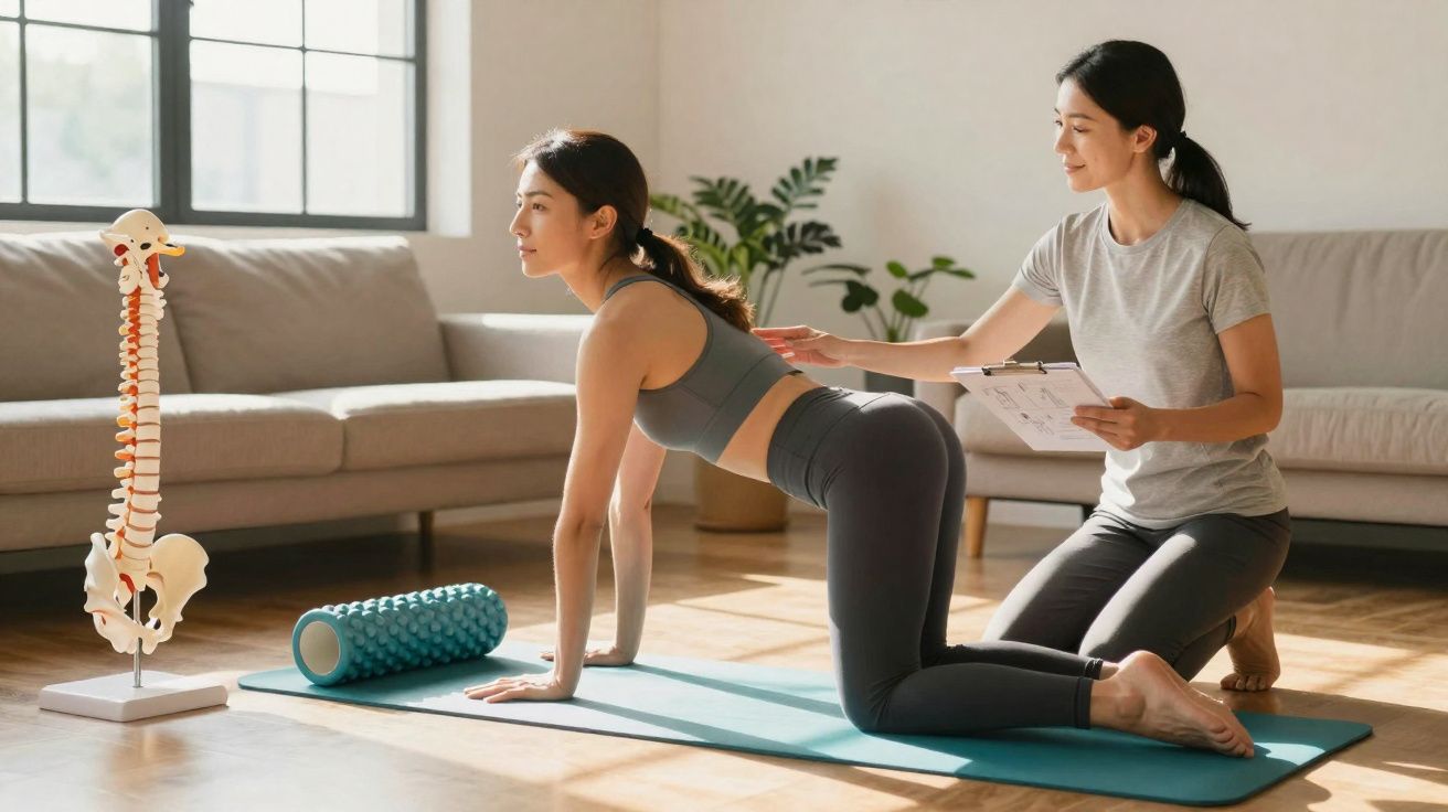 Mulher fazendo exercício de alongamento no tapete com instrutora avaliando postura em ambiente claro.