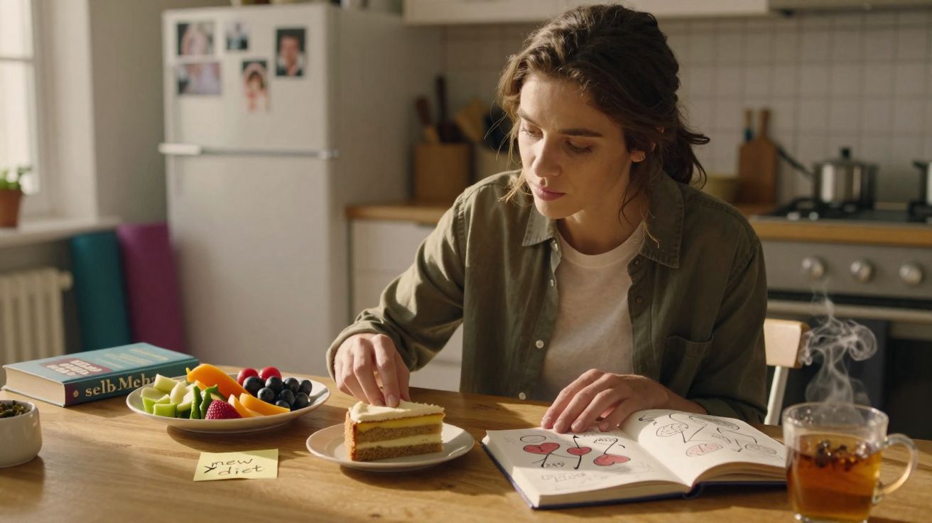 Mulher cuidando da alimentação, cortando pedaço de bolo, com frutas, chá e livro aberto na mesa da cozinha.