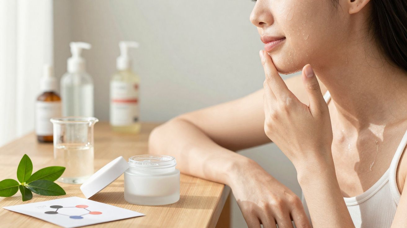 Mulher aplicando creme facial em ambiente iluminado com frascos e folhas sobre mesa de madeira.