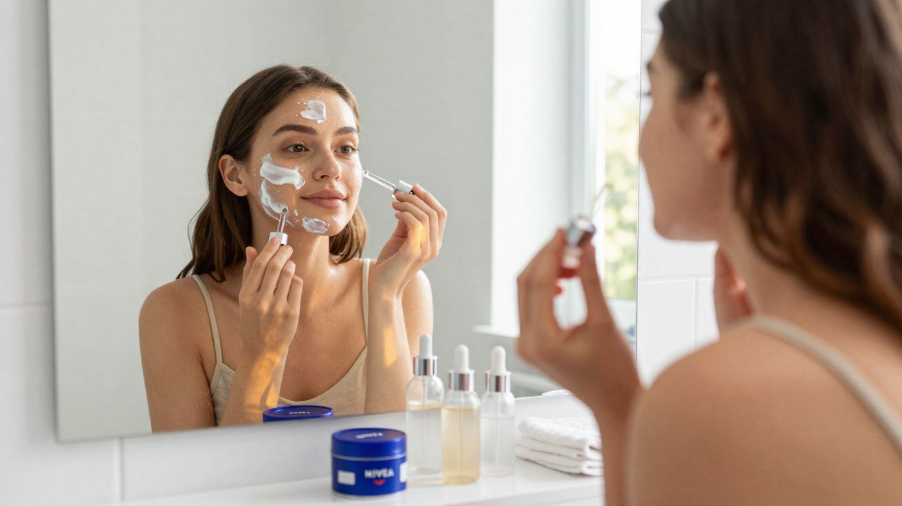 Mulher aplicando creme facial no rosto em frente ao espelho no banheiro, com produtos de cuidados na bancada.