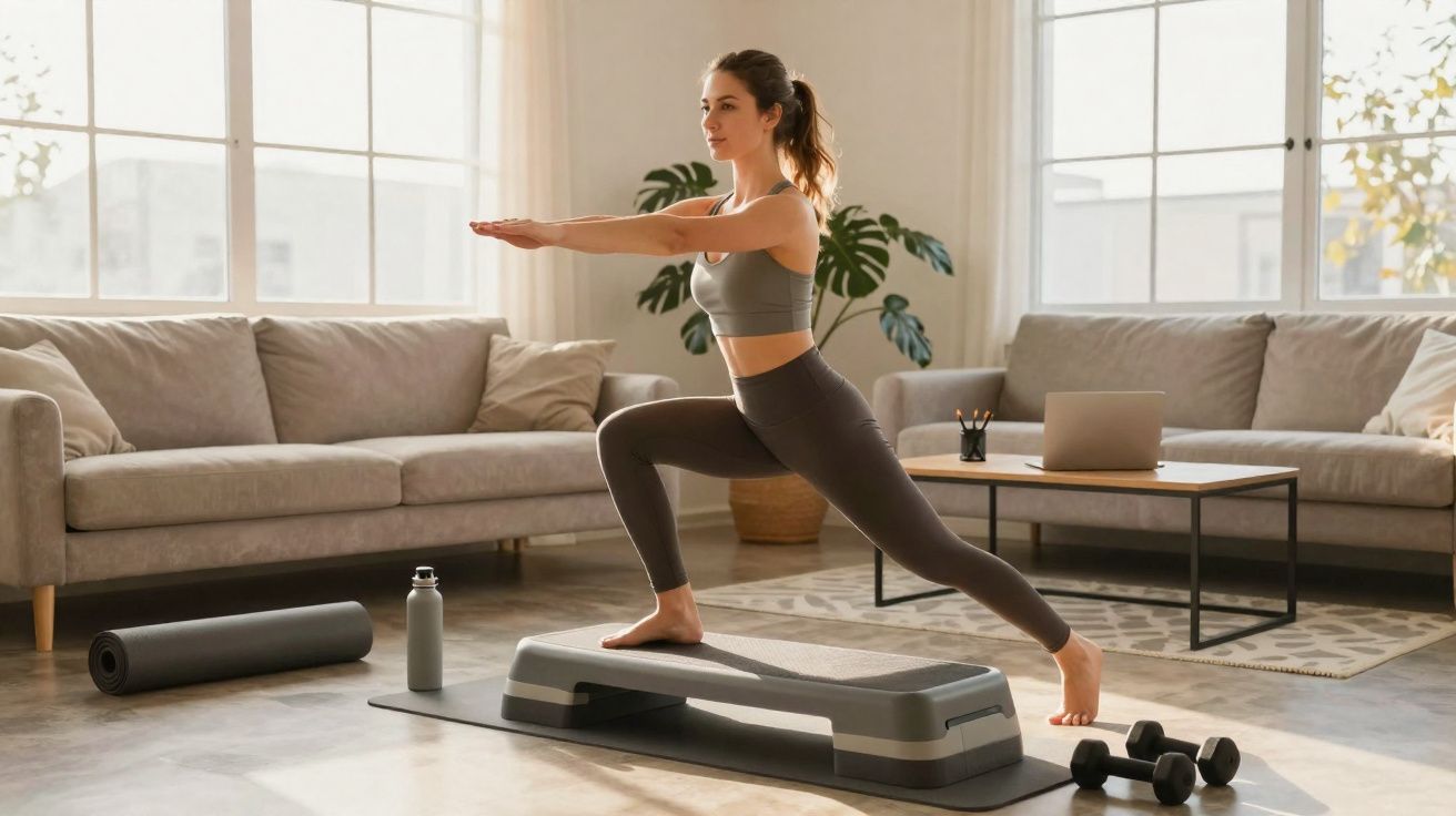 Mulher fazendo exercício de alongamento com step em sala clara, ao lado de halteres e garrafa de água.