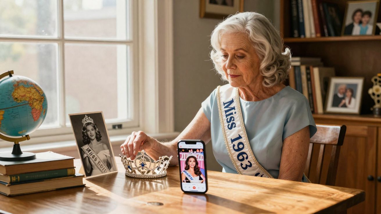 Mulher idosa com faixa Miss 1963 toca coroa, olhando foto antiga e vídeo de concurso de beleza no celular.