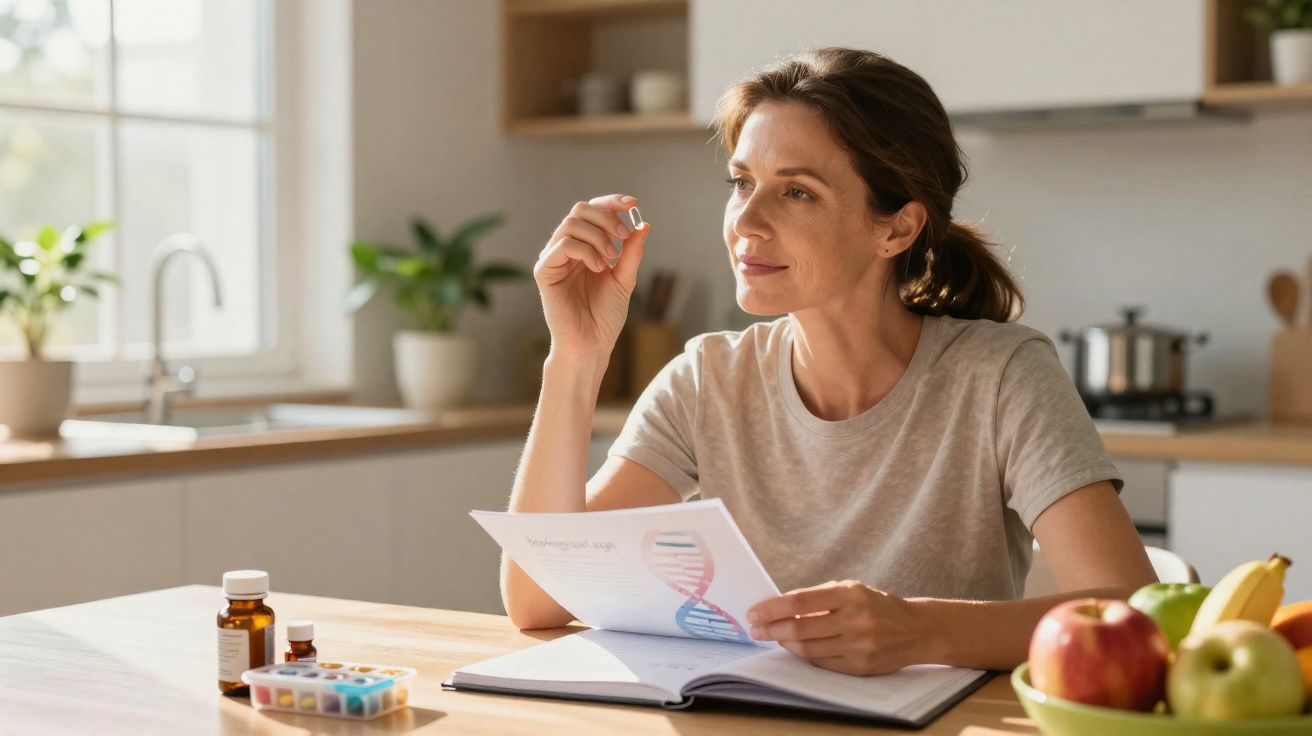 Mulher em cozinha segurando cápsula e documento com imagem de DNA, com frascos de remédios na mesa.