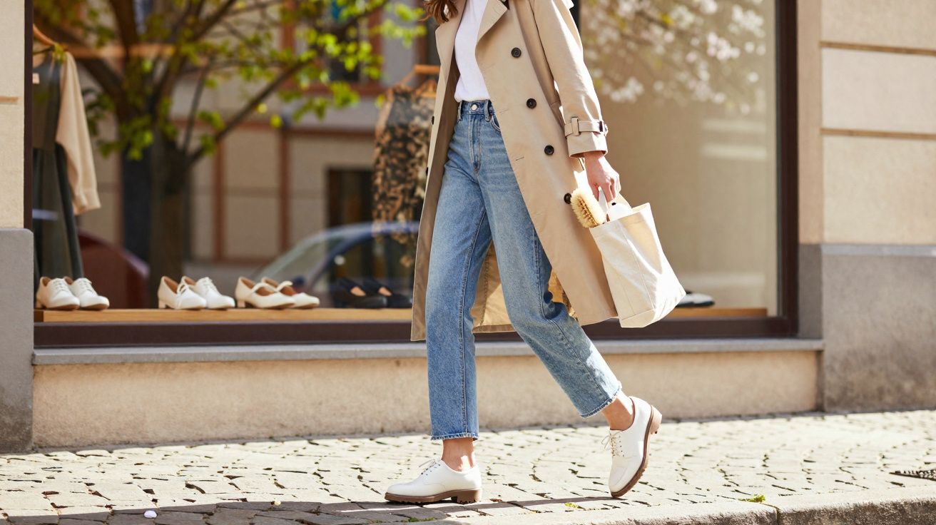 Pessoa caminhando na calçada com jeans, casaco bege e sapatos brancos ao lado de vitrine de loja.