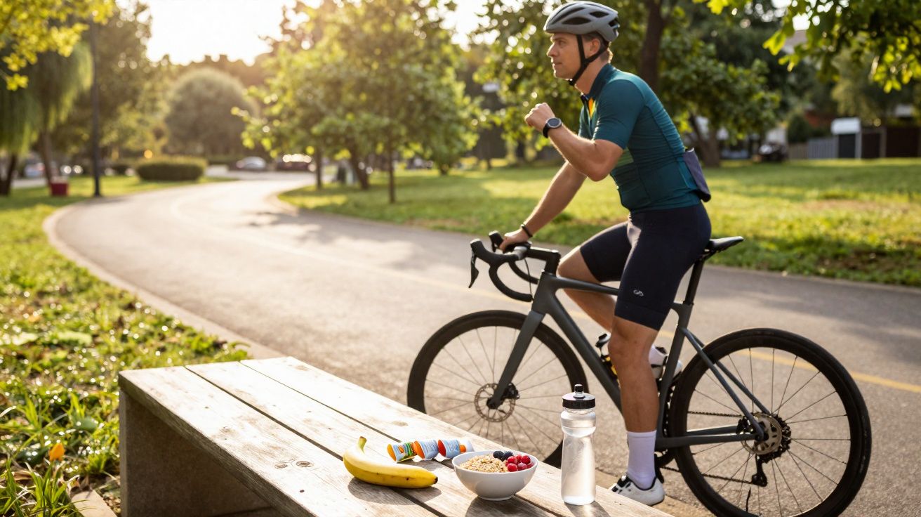 Homem com roupa esportiva e capacete parado de bicicleta ao lado de banco em parque ao entardecer.