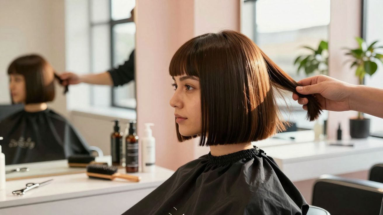 Mulher com cabelo curto sendo preparada por cabeleireiro em salão moderno e iluminado.