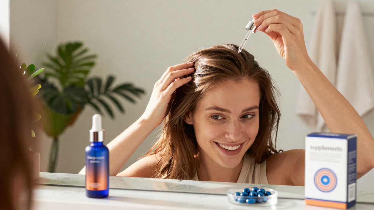 Mulher sorridente aplicando sérum no couro cabeludo em frente ao espelho no banheiro.