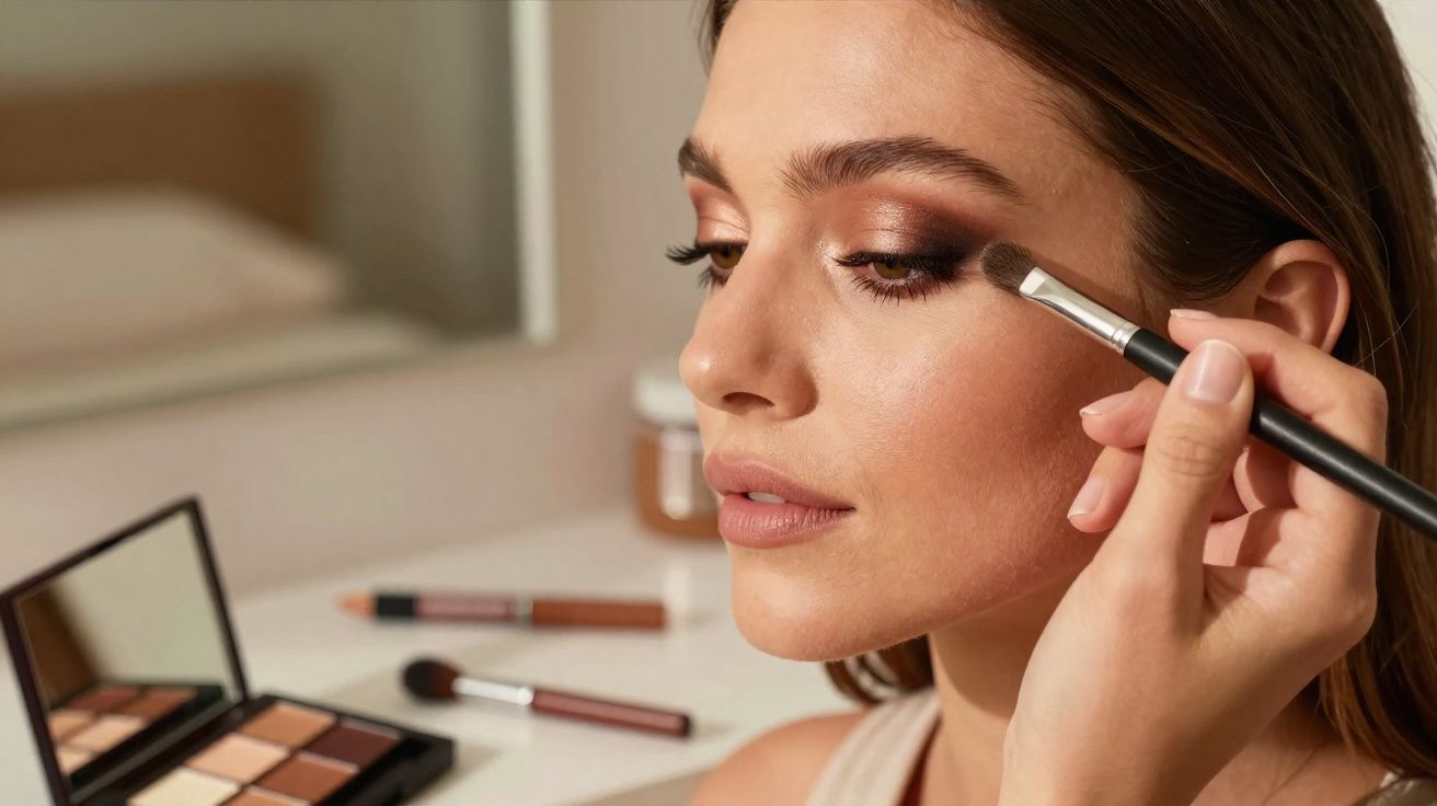 Mulher recebendo maquiagem nos olhos com pincel, paleta de sombras ao fundo sobre mesa branca.