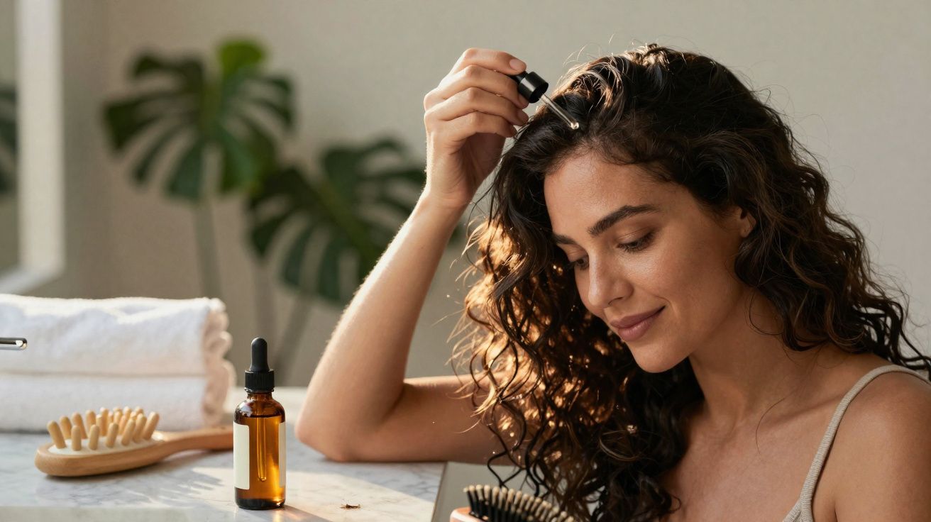 Mulher aplicando óleo capilar com conta-gotas, ao lado de toalha, pente e frasco sobre a mesa.