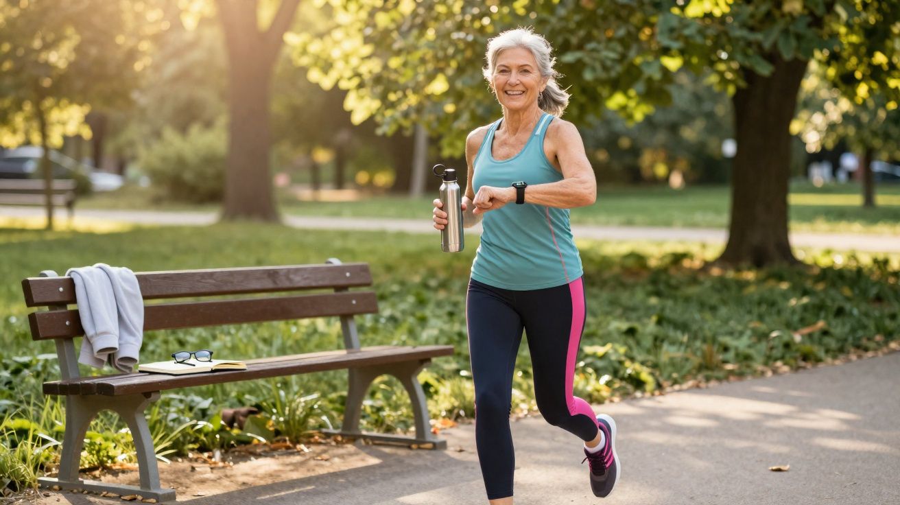 Mulher madura correndo em parque ensolarado, segurando garrafa de água e olhando relógio.