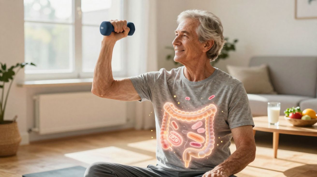 Idoso sorridente fazendo exercício com haltere, com ilustração do intestino destacada no peito.