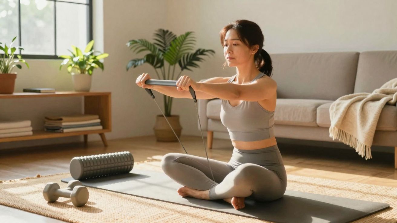 Mulher praticando exercícios com elástico de resistência sentada em tapete de yoga na sala iluminada.