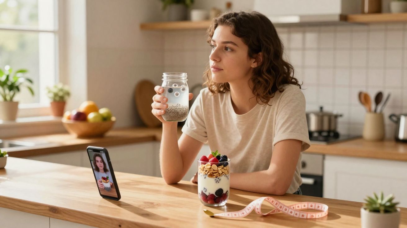 Jovem segurando copo com bebida e olhando para celular, com iogurte e fita métrica na mesa da cozinha.