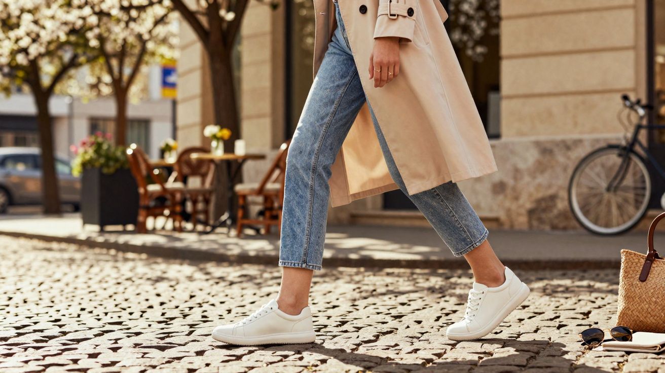 Pessoa caminhando com tênis branco, jeans e casaco bege em calçada de pedriscos urbana.