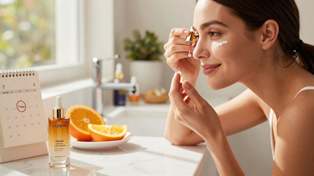 Mulher aplica sérum facial com conta-gotas e creme no rosto, ao lado de calendário e laranjas fatiadas.