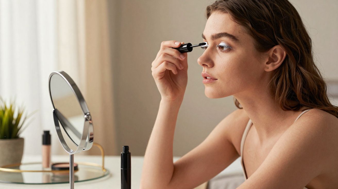 Mulher aplicando rímel branco nos cílios em frente a um espelho de mesa em ambiente interno.