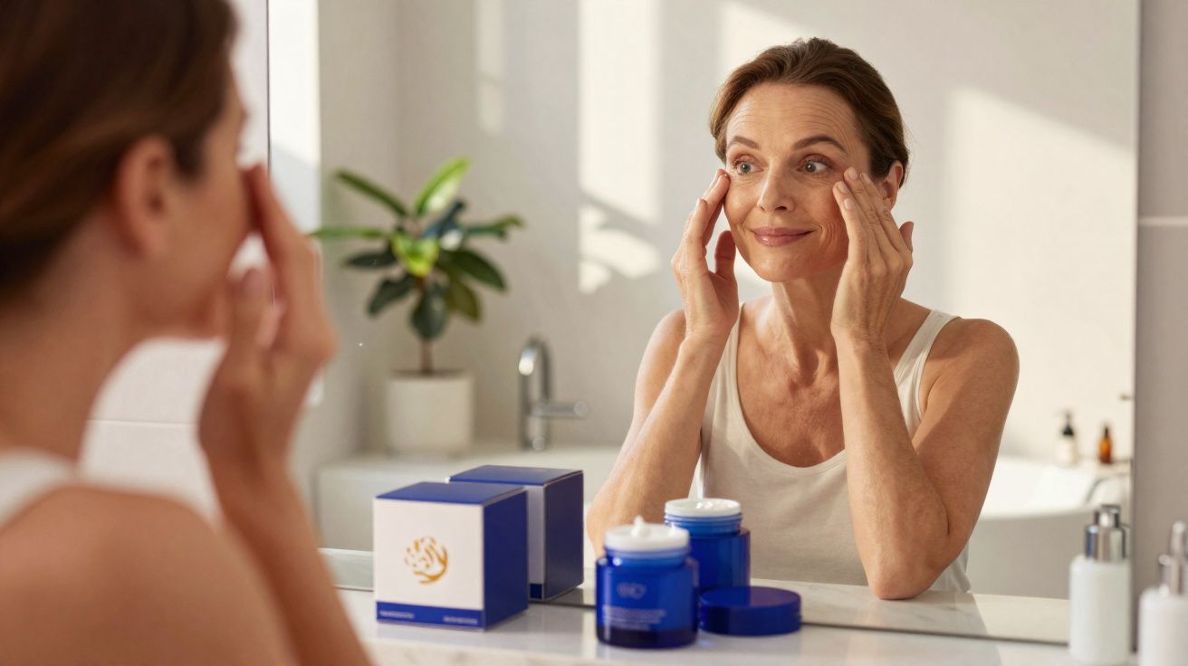Mulher madura aplicando creme facial ao se olhar no espelho em banheiro iluminado.