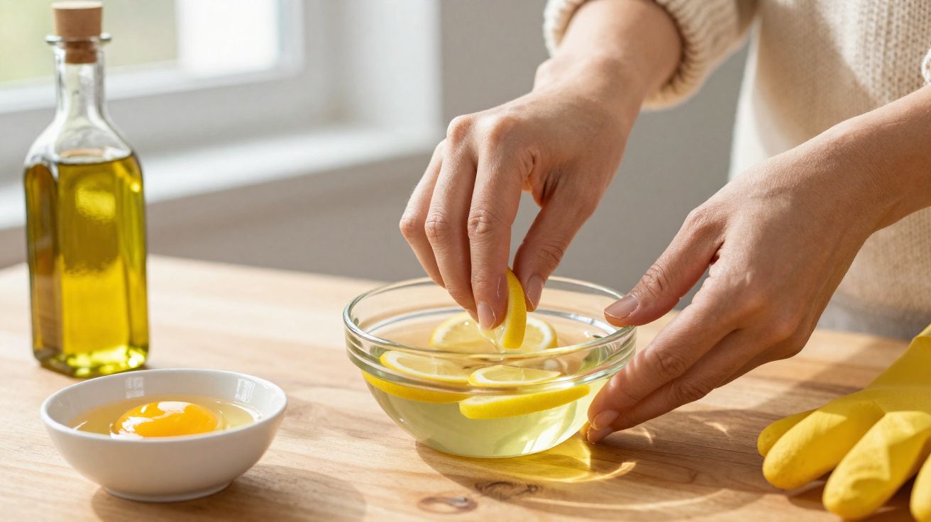 Mãos colocando fatias de limão em tigela com água, ao lado de ovo cru e garrafa de azeite.