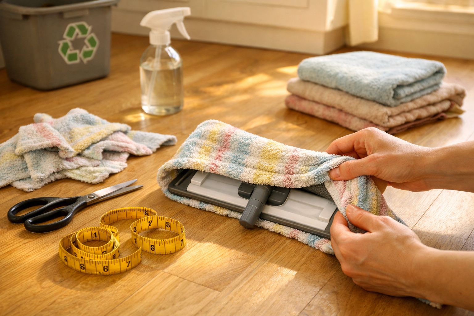 Mãos envolvendo aspirador robô com pano colorido, ao lado de tesoura e fita métrica sobre chão de madeira.