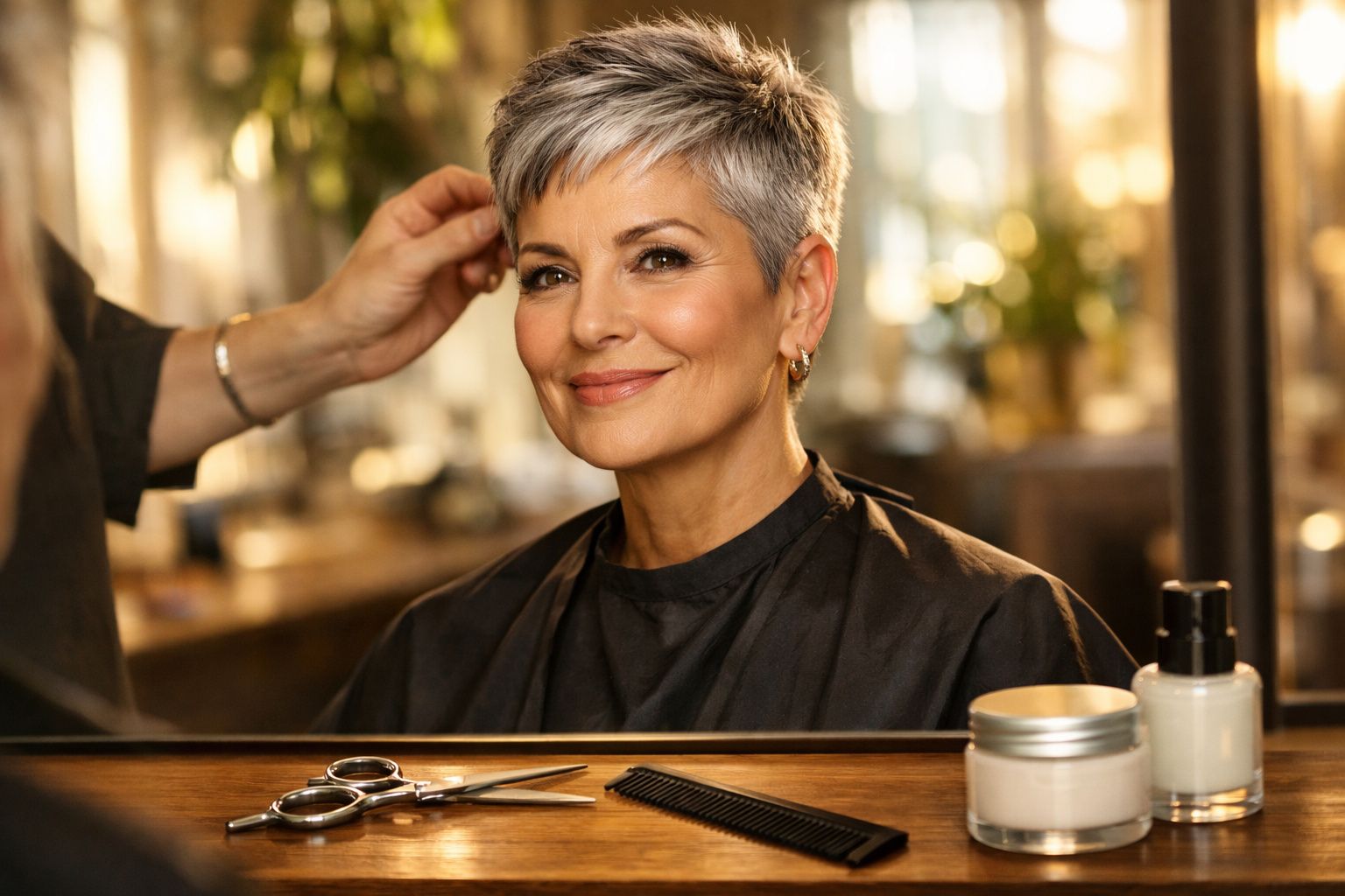 Mulher madura sorrindo com cabelo curto grisalho em salão de beleza durante penteado.