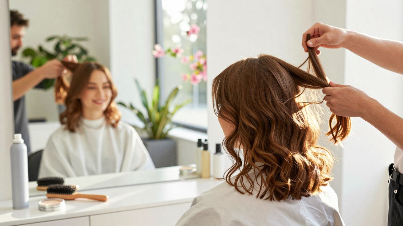 Mulher com cabelo ondulado sendo penteado em salão, vista de trás e reflexo no espelho.