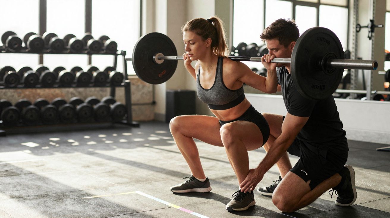 Mulher faz agachamento com barra e treinador a apoia em academia iluminada por janelas grandes.