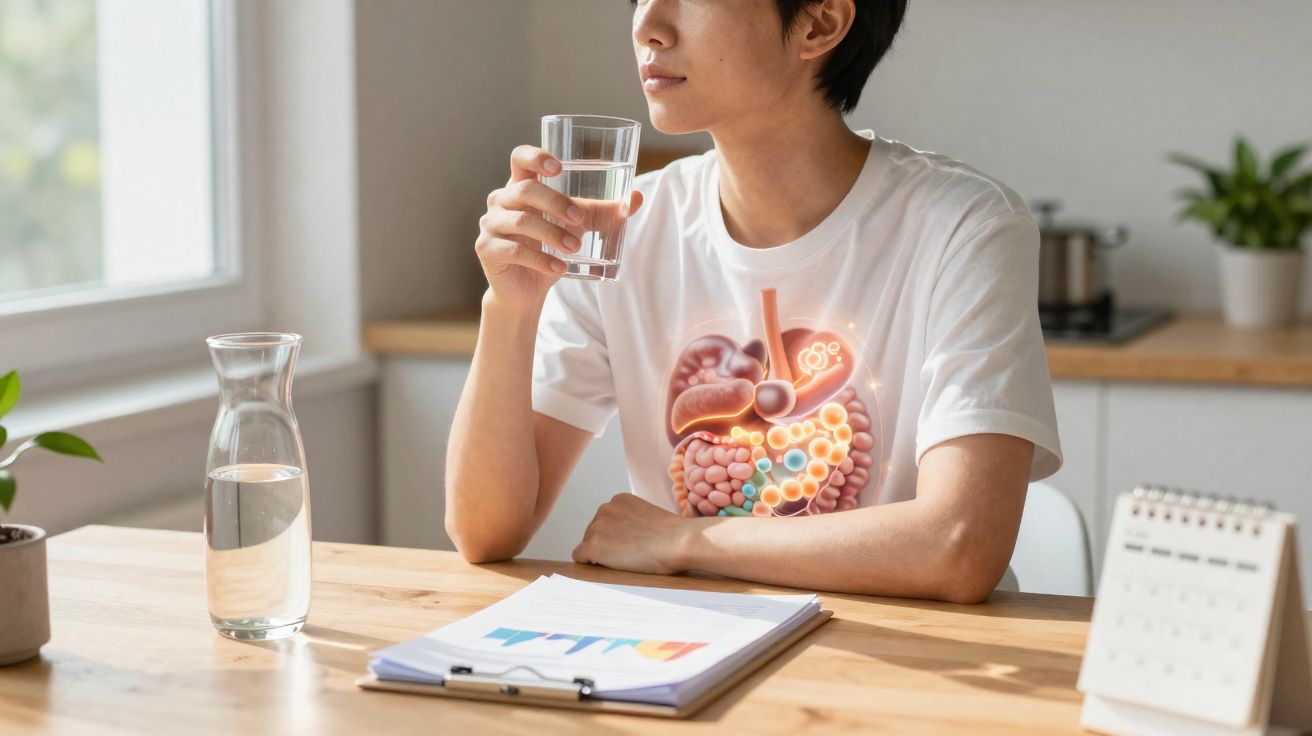 Pessoa sentada em mesa segurando copo d'água com ilustração do sistema digestivo no peito.