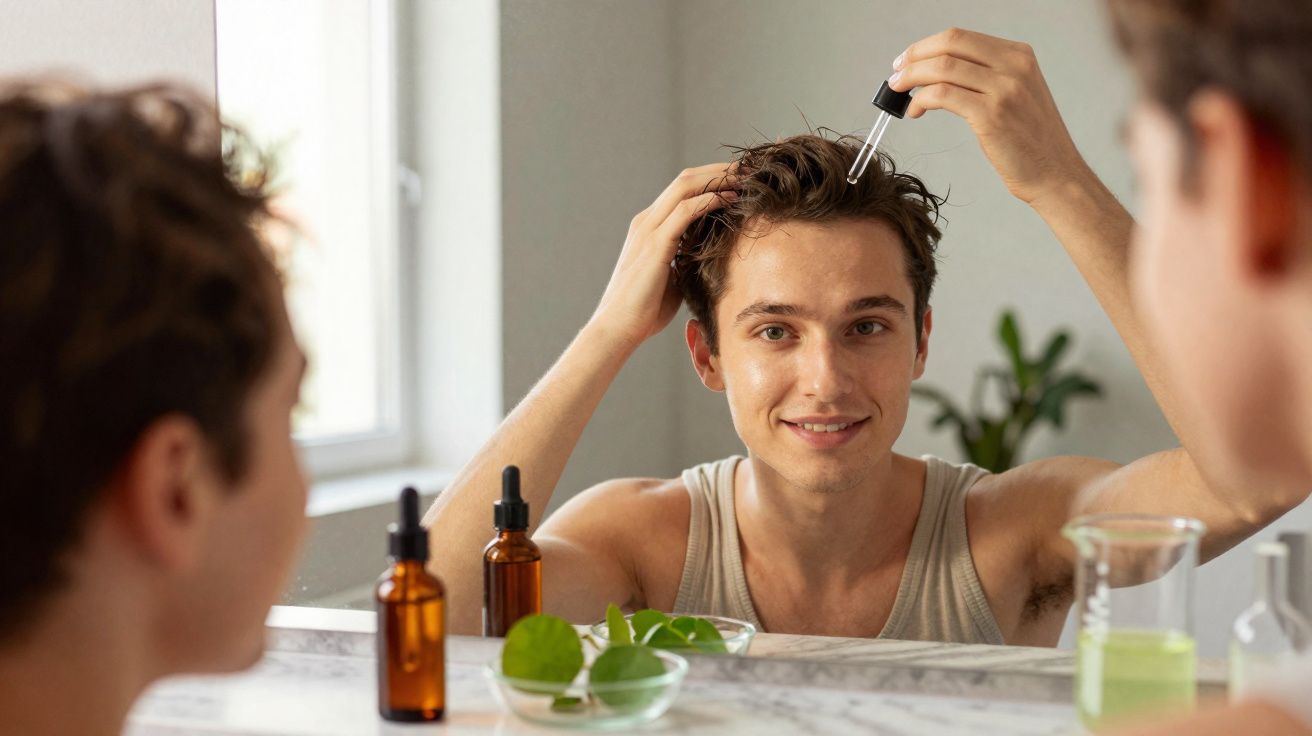 Jovem aplicando gotas de produto no cabelo em frente ao espelho no banheiro.