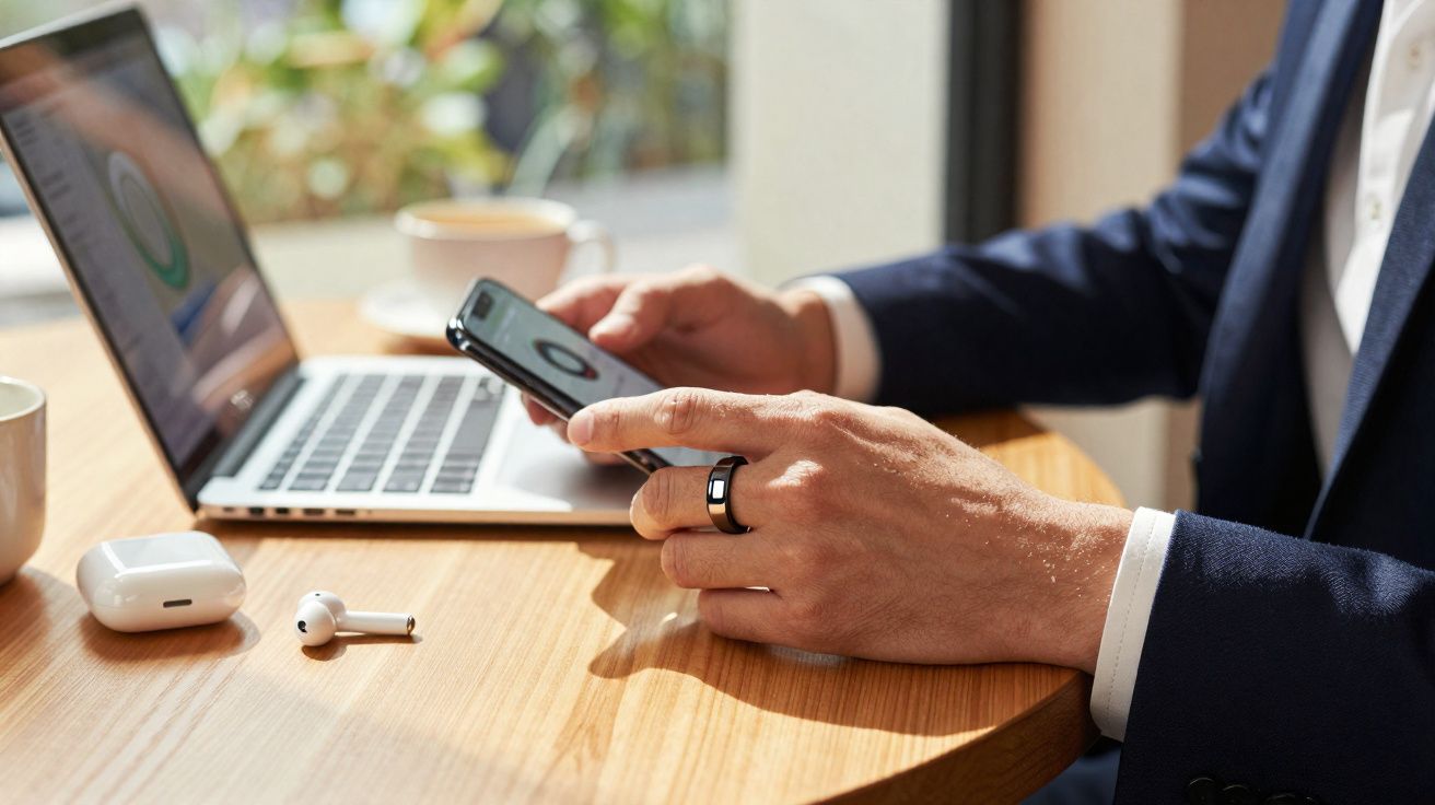 Pessoa usando anel inteligente e olhando para celular com laptop aberto e fones de ouvido na mesa.